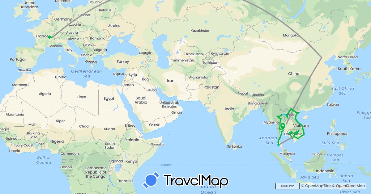 TravelMap itinerary: driving, bus, plane, boat in Switzerland, China, France, Cambodia, Laos, Thailand, Vietnam (Asia, Europe)